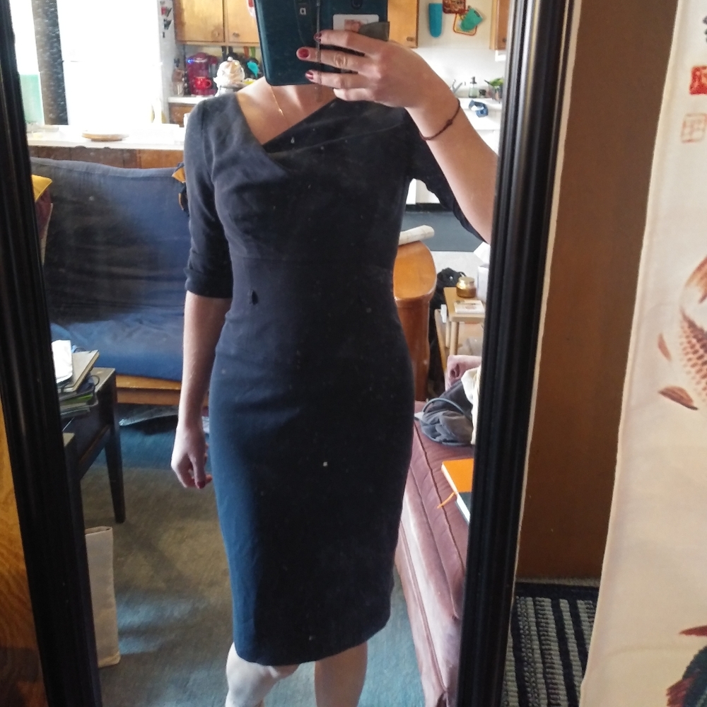 Navy Cowl Neck Off Shoulder Elegant Dress by Black Halo